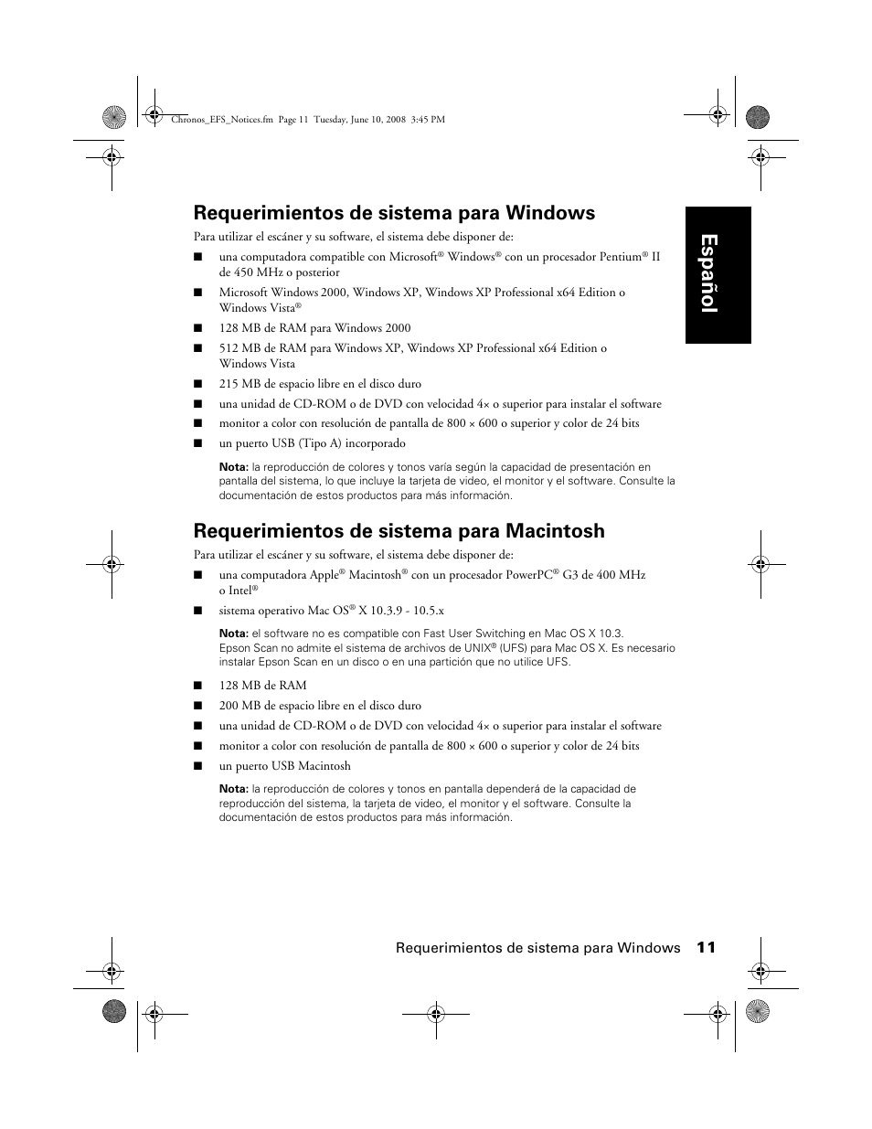 Español, Requerimientos de sistema para windows, Requerimientos de sistema para macintosh | Epson V300 User Manual | Page 11 / 20