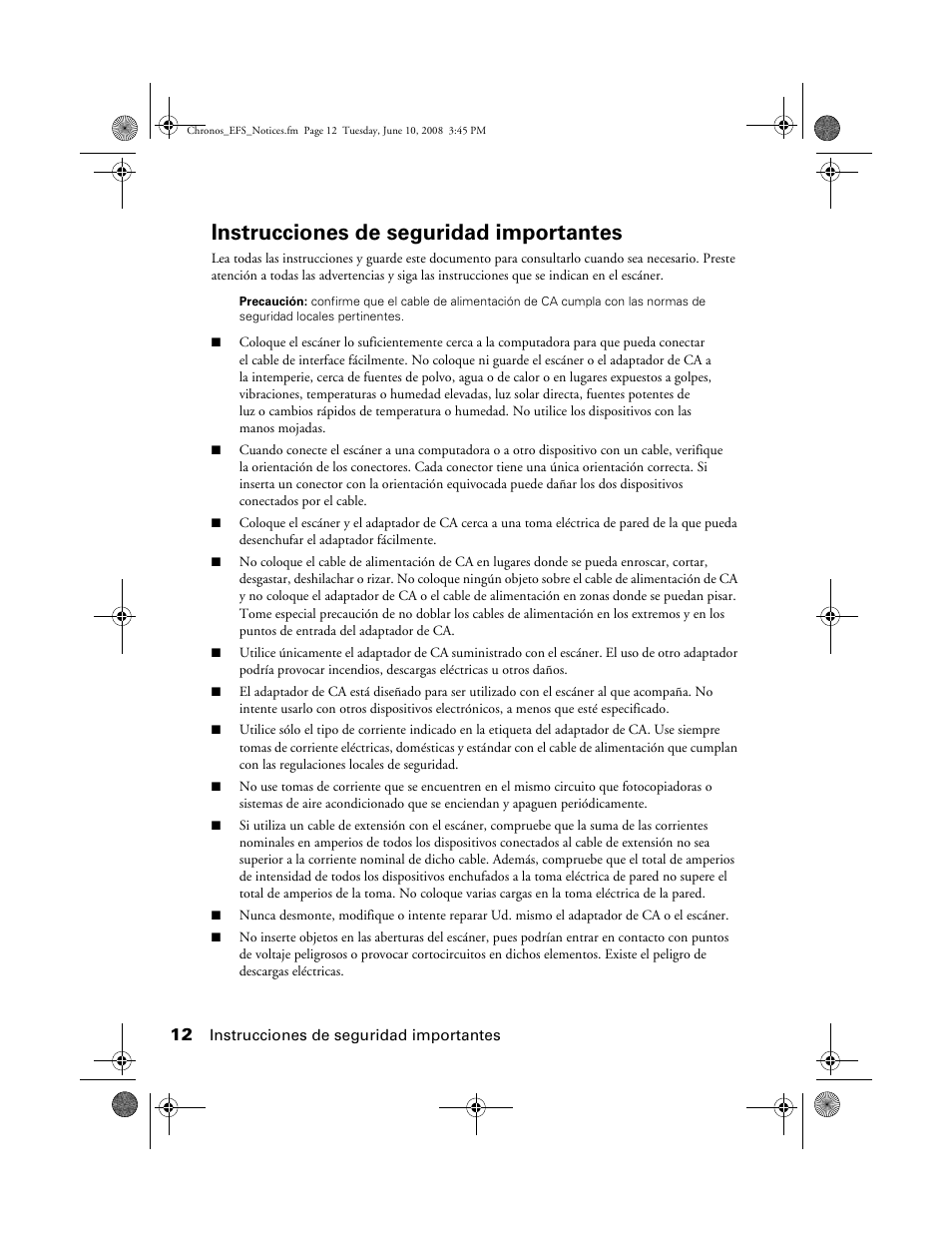 Instrucciones de seguridad importantes | Epson V300 User Manual | Page 12 / 20