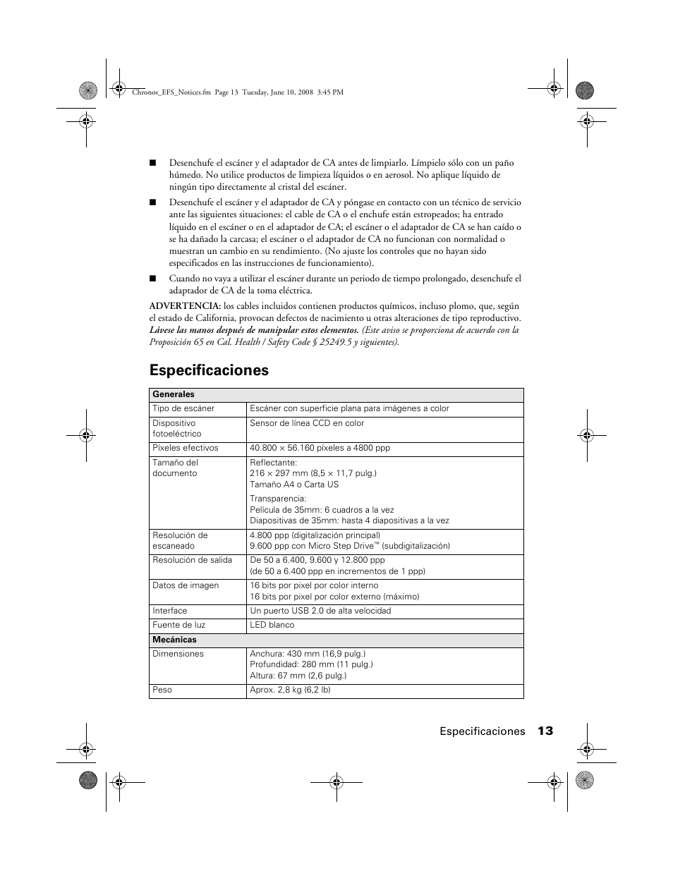 Especificaciones | Epson V300 User Manual | Page 13 / 20