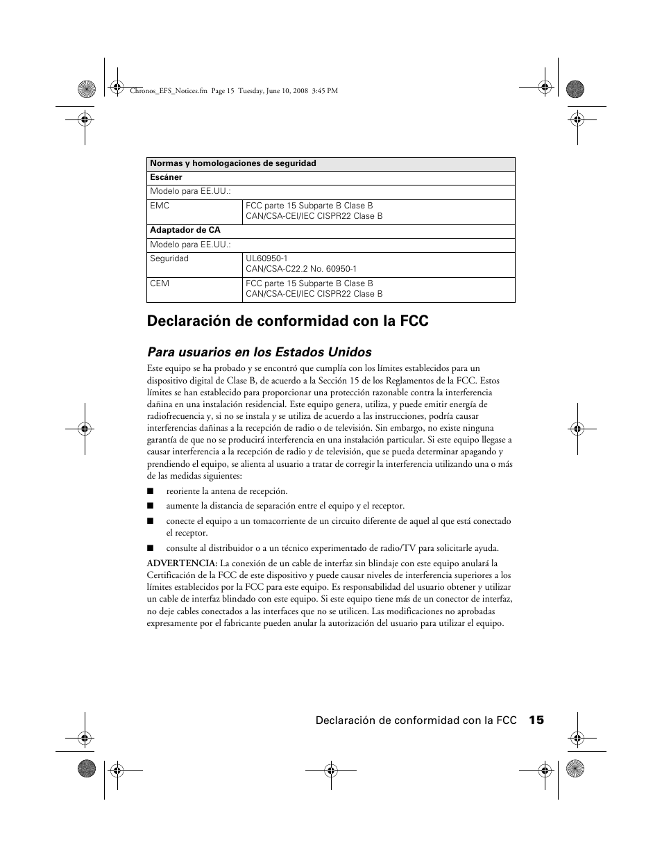 Declaración de conformidad con la fcc, Para usuarios en los estados unidos | Epson V300 User Manual | Page 15 / 20