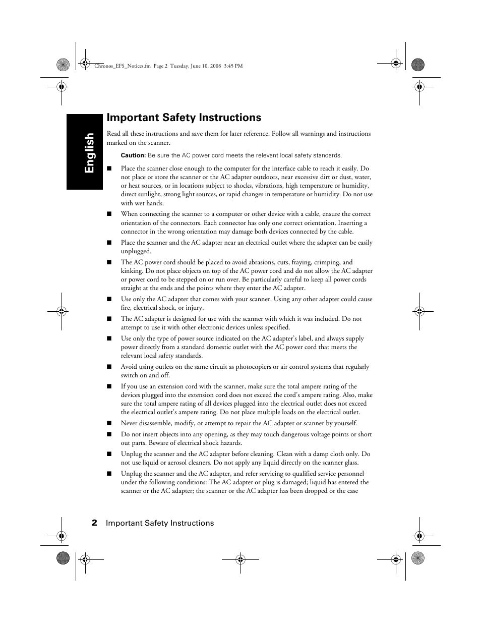 Important safety instructions, English | Epson V300 User Manual | Page 2 / 20