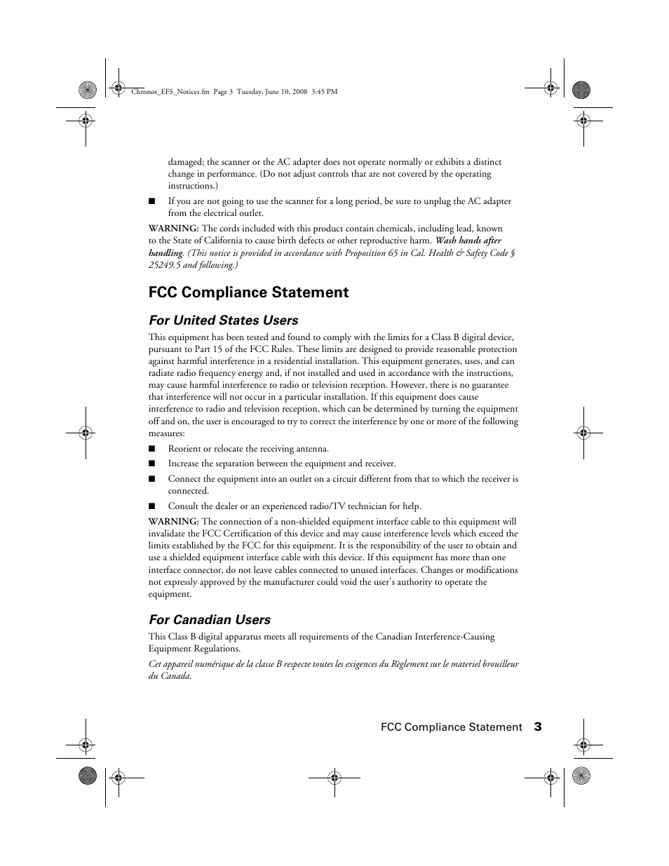 Fcc compliance statement, For united states users, For canadian users | Epson V300 User Manual | Page 3 / 20