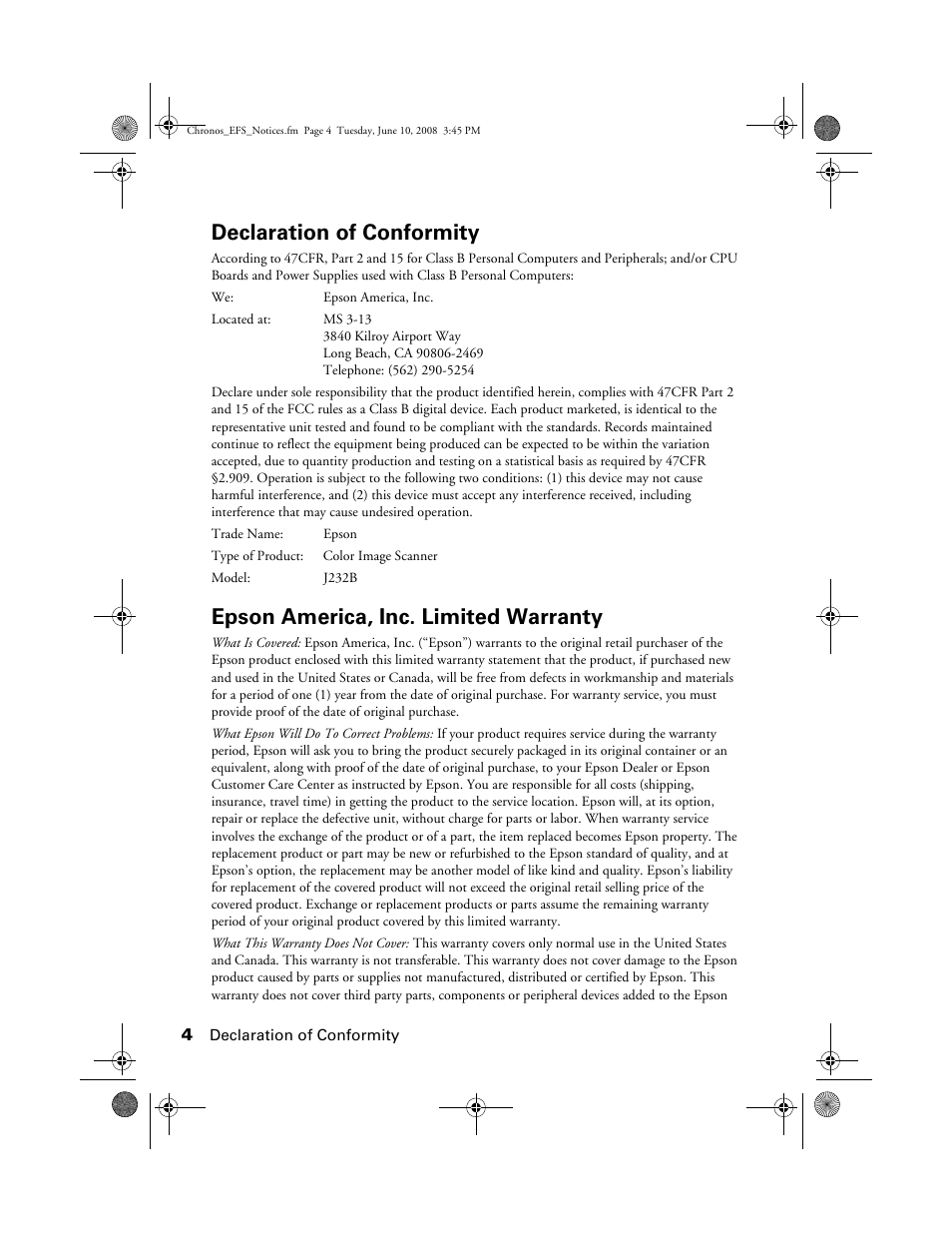 Declaration of conformity, Epson america, inc. limited warranty | Epson V300 User Manual | Page 4 / 20