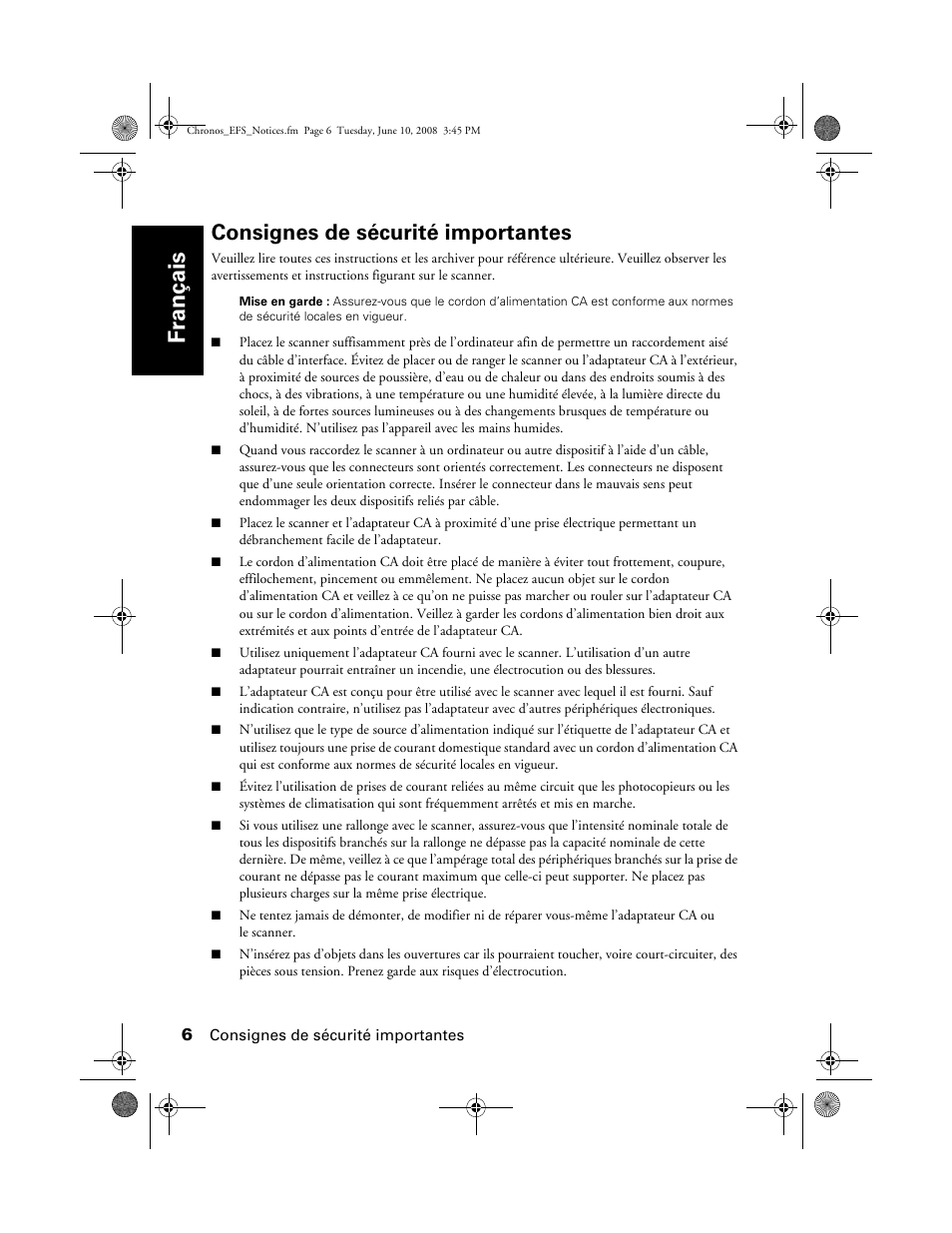 Français, Consignes de sécurité importantes | Epson V300 User Manual | Page 6 / 20