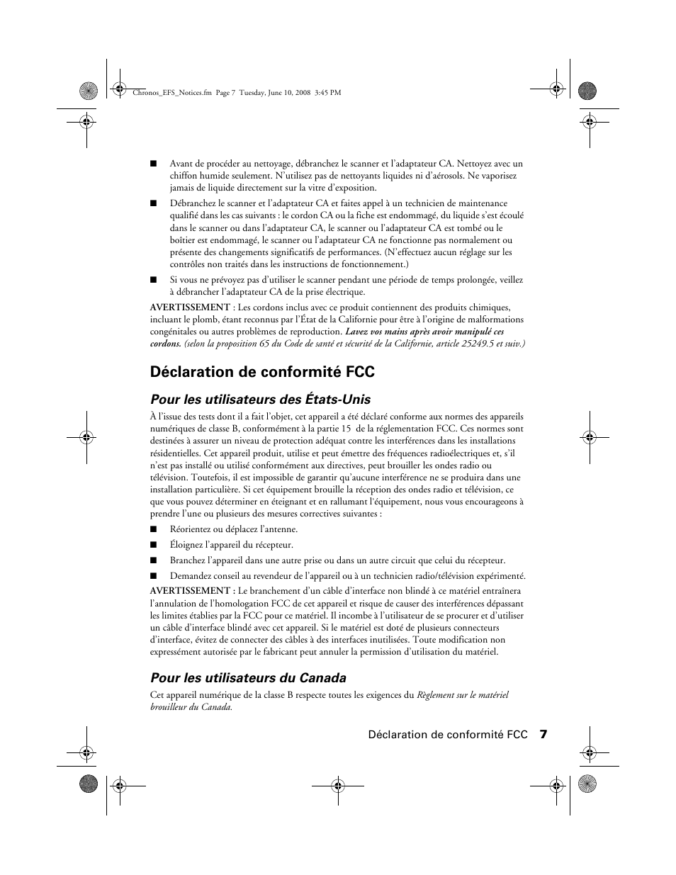 Déclaration de conformité fcc, Pour les utilisateurs des états-unis, Pour les utilisateurs du canada | Epson V300 User Manual | Page 7 / 20