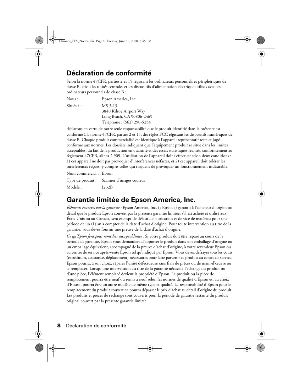 Déclaration de conformité, Garantie limitée de epson america, inc | Epson V300 User Manual | Page 8 / 20