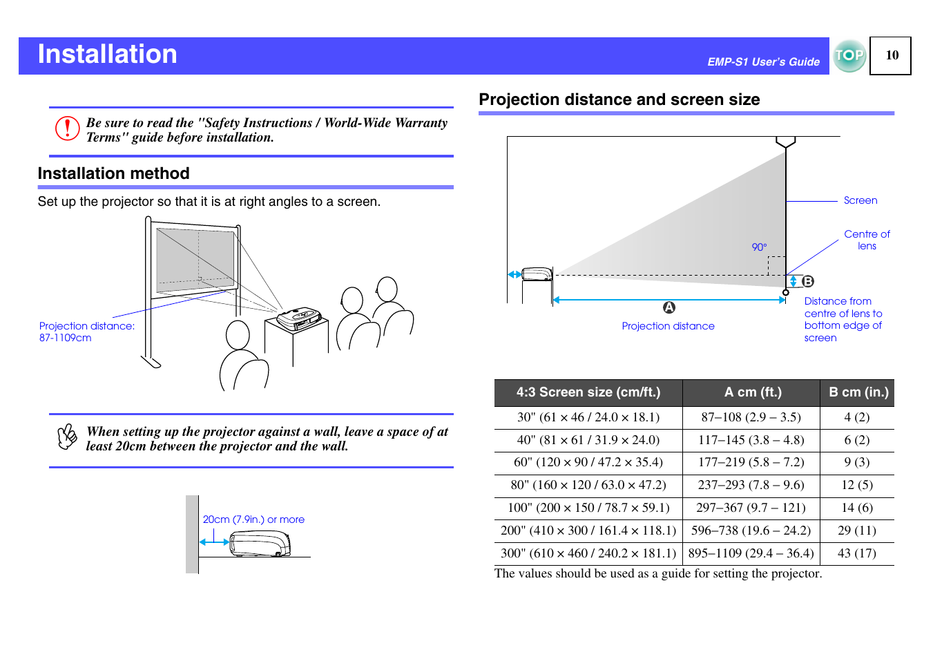 Installation, Installation method, Projection distance and screen size | Epson 1EMP-S1 User Manual | Page 11 / 73