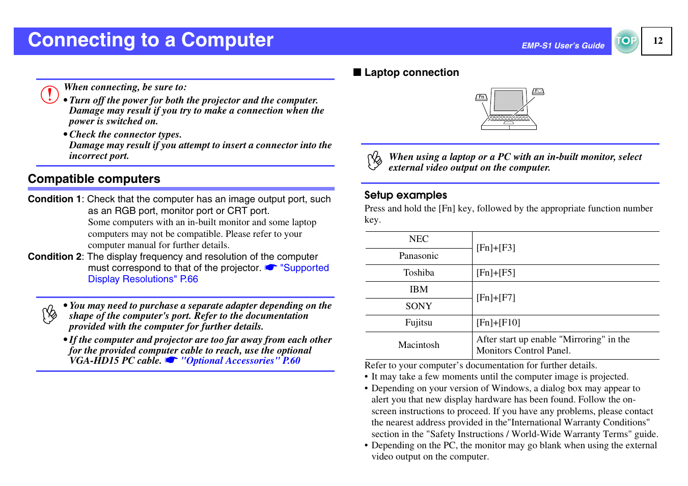 Connecting to a computer, Compatible computers | Epson 1EMP-S1 User Manual | Page 13 / 73
