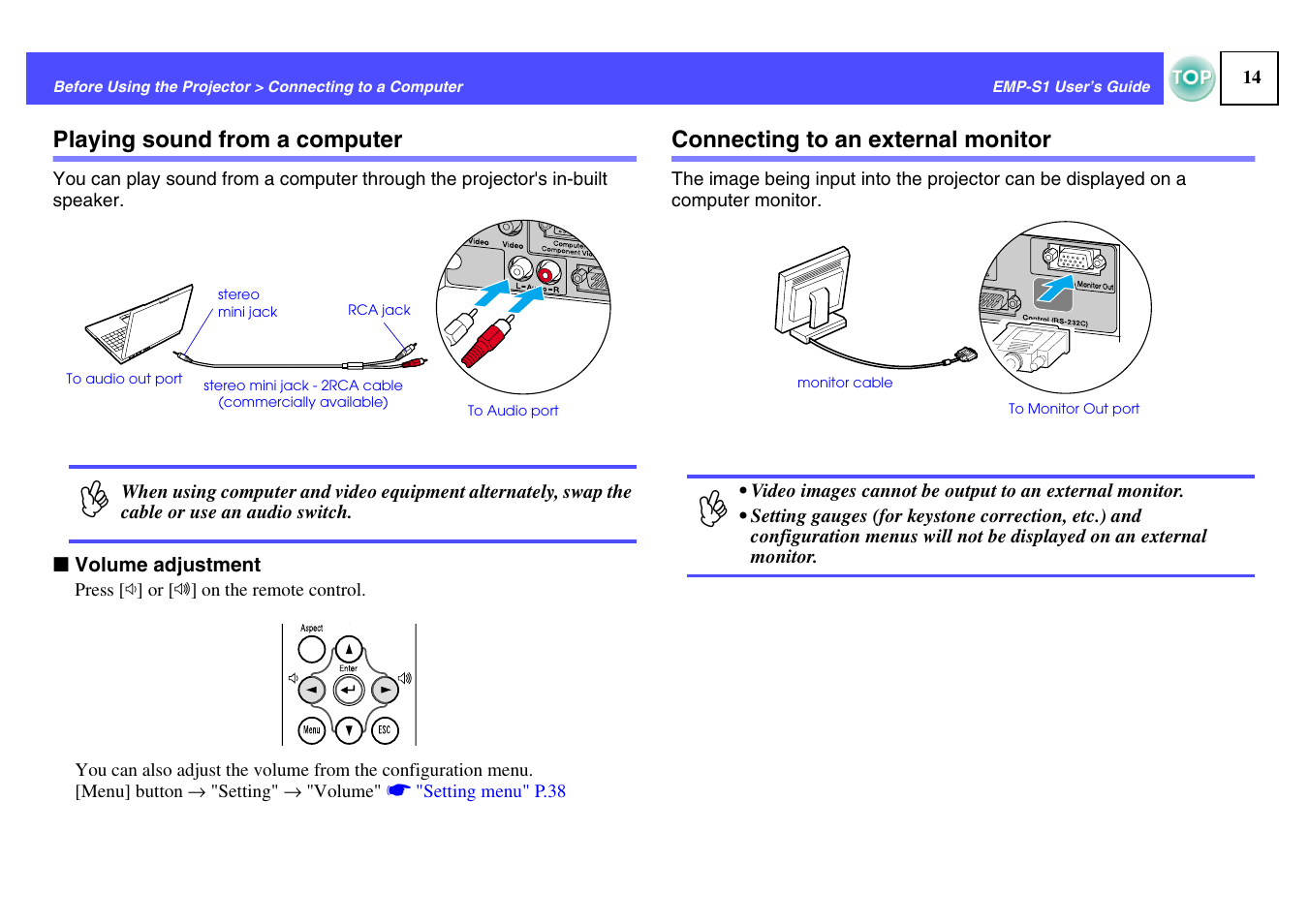 Playing sound from a computer, Connecting to an external monitor, P.14 | Epson 1EMP-S1 User Manual | Page 15 / 73