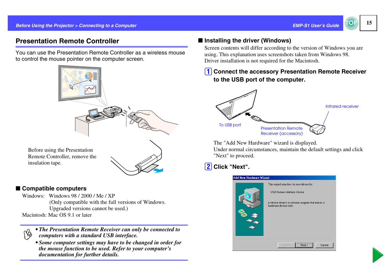 Presentation remote controller | Epson 1EMP-S1 User Manual | Page 16 / 73