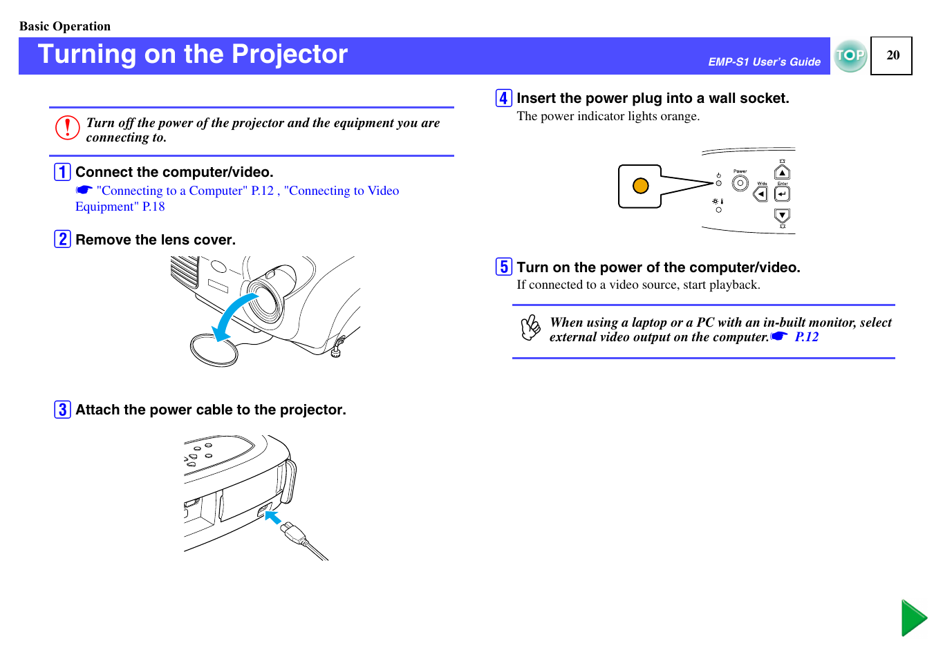 Basic operation, Turning on the projector, P.20 | P.20, p, Inlet | Epson 1EMP-S1 User Manual | Page 21 / 73