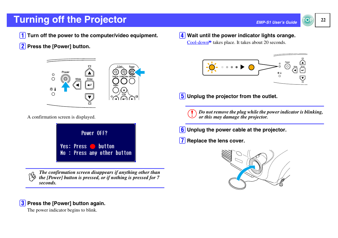 Turning off the projector | Epson 1EMP-S1 User Manual | Page 23 / 73