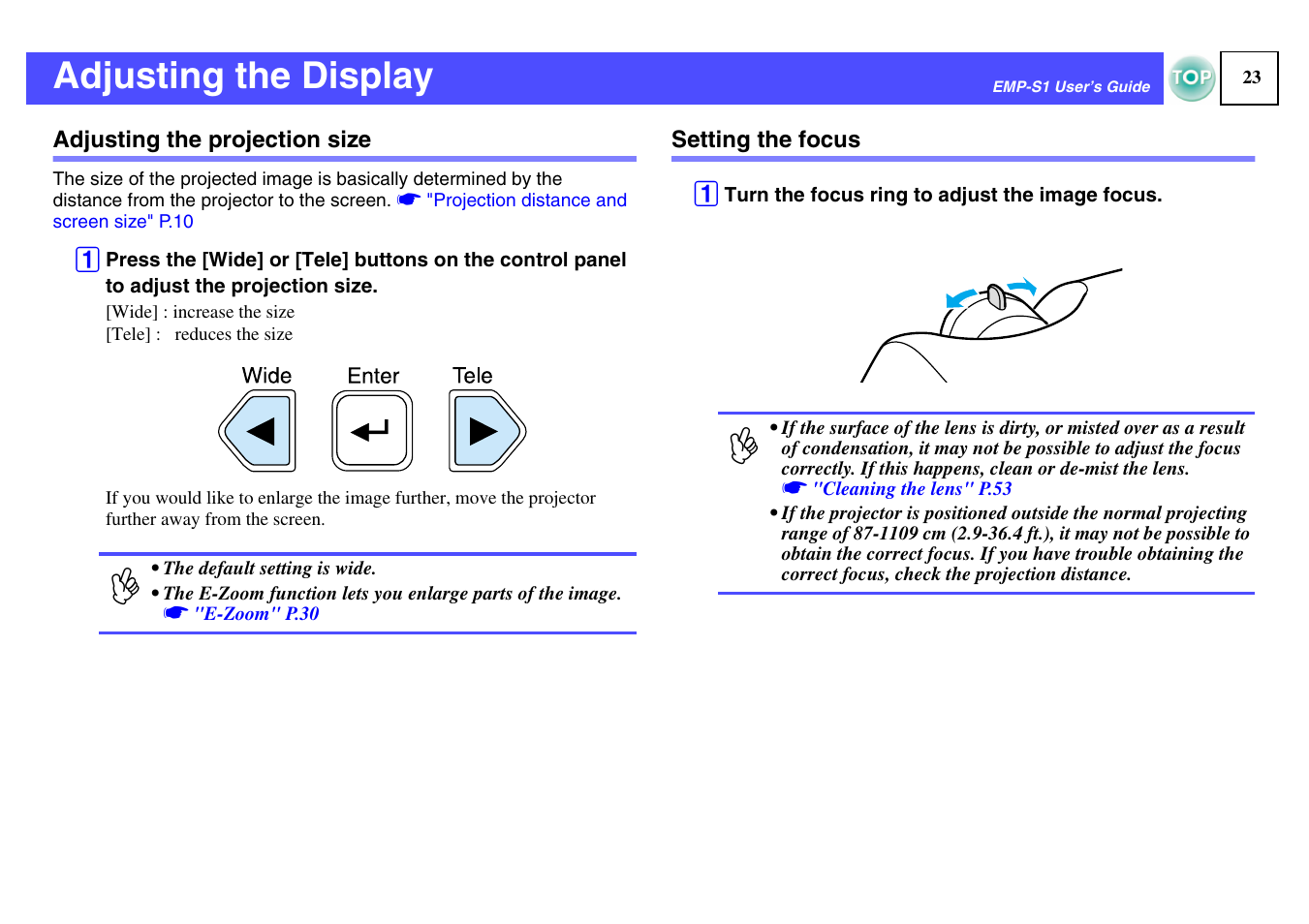 Adjusting the display, Adjusting the projection size, Setting the focus | Adjusting the projection size setting the focus, Focus ring, P.23, Buttons | Epson 1EMP-S1 User Manual | Page 24 / 73