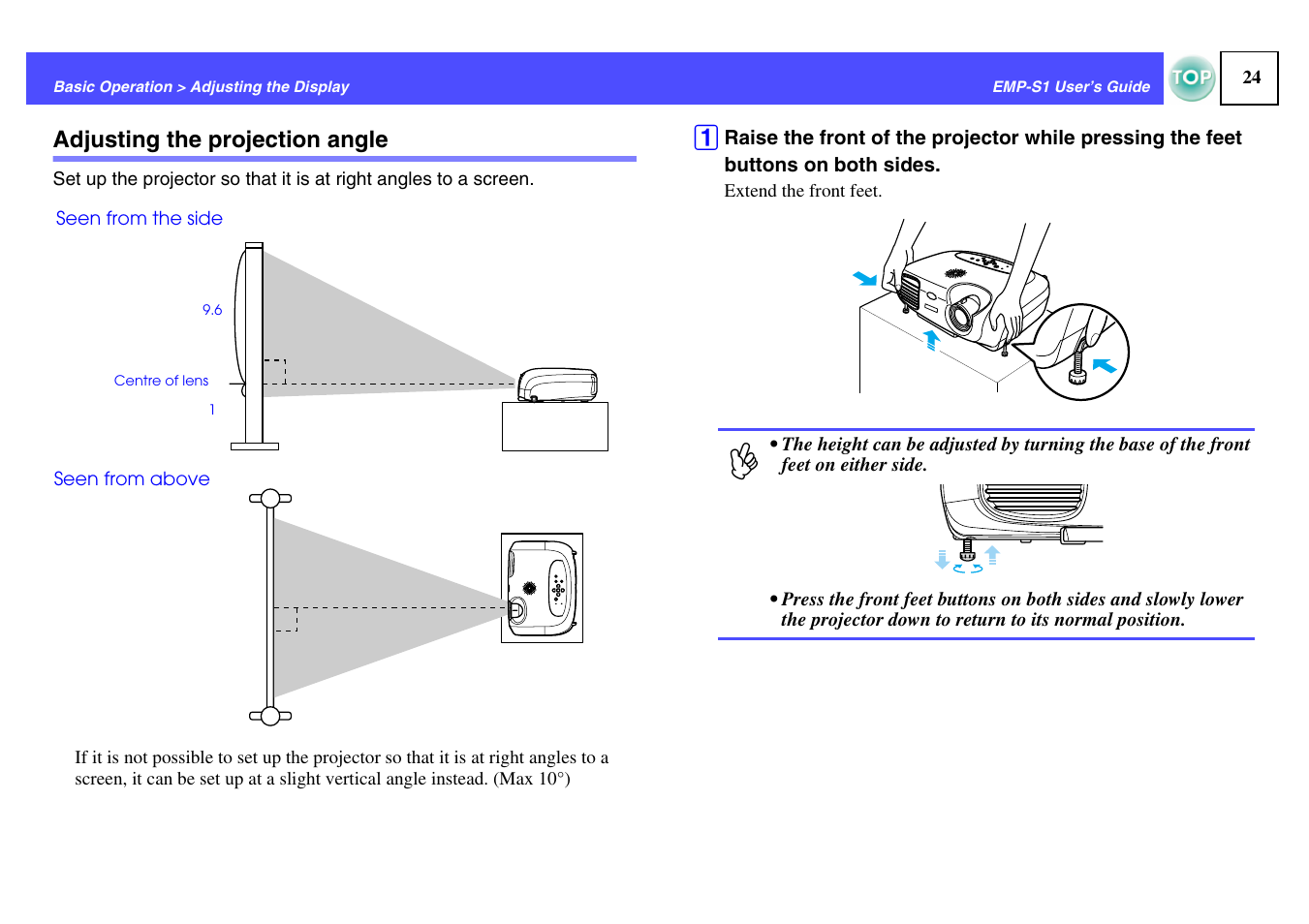 Adjusting the projection angle, Left), P.24 | Epson 1EMP-S1 User Manual | Page 25 / 73