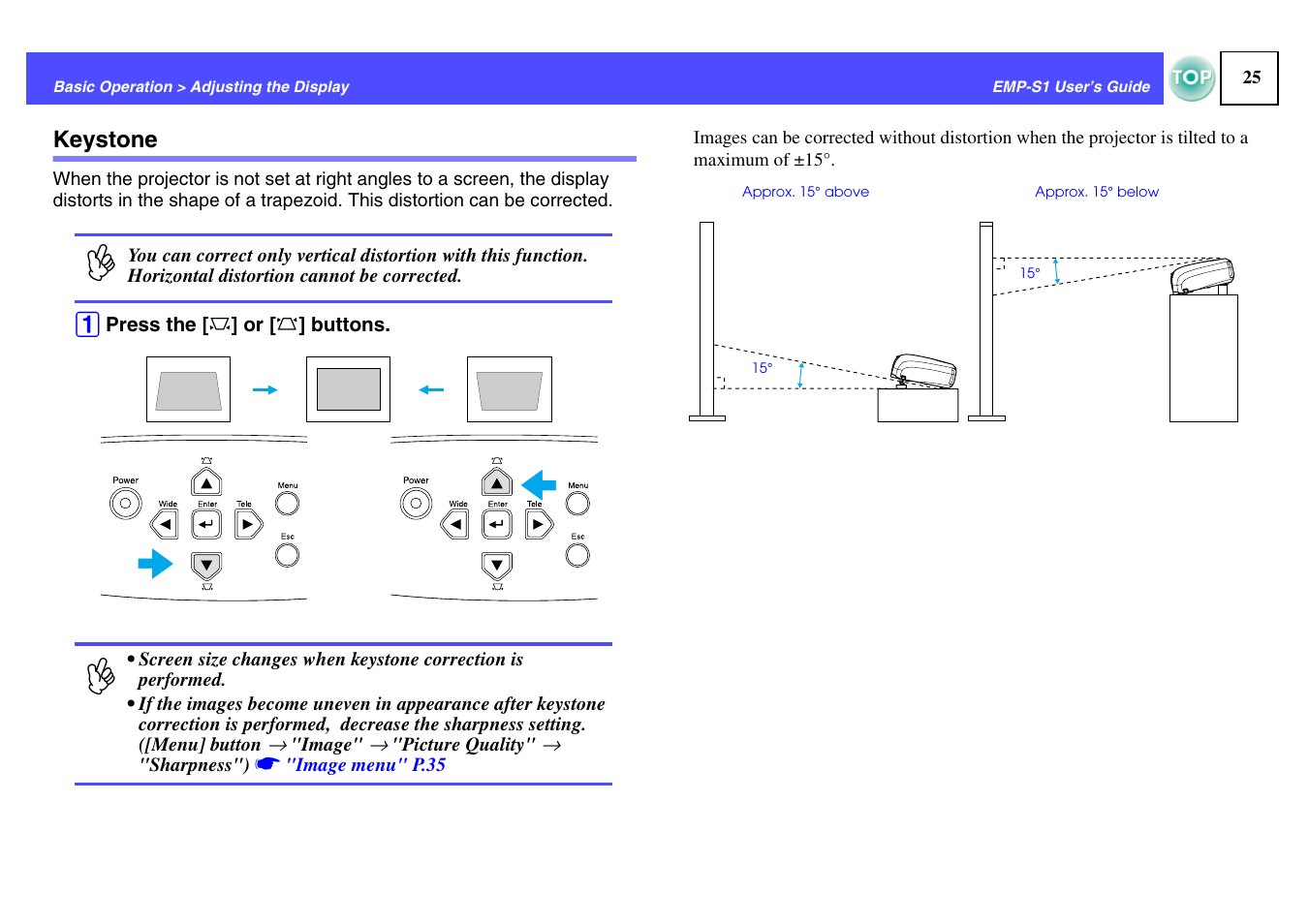 Keystone, Buttons, P.25 | Epson 1EMP-S1 User Manual | Page 26 / 73