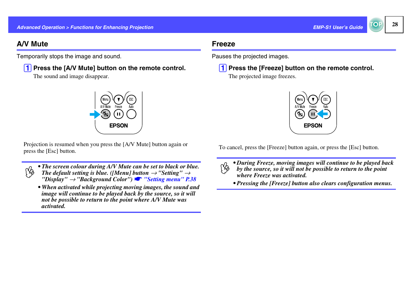 A/v mute, Freeze, A/v mute freeze | P.28, Button | Epson 1EMP-S1 User Manual | Page 29 / 73