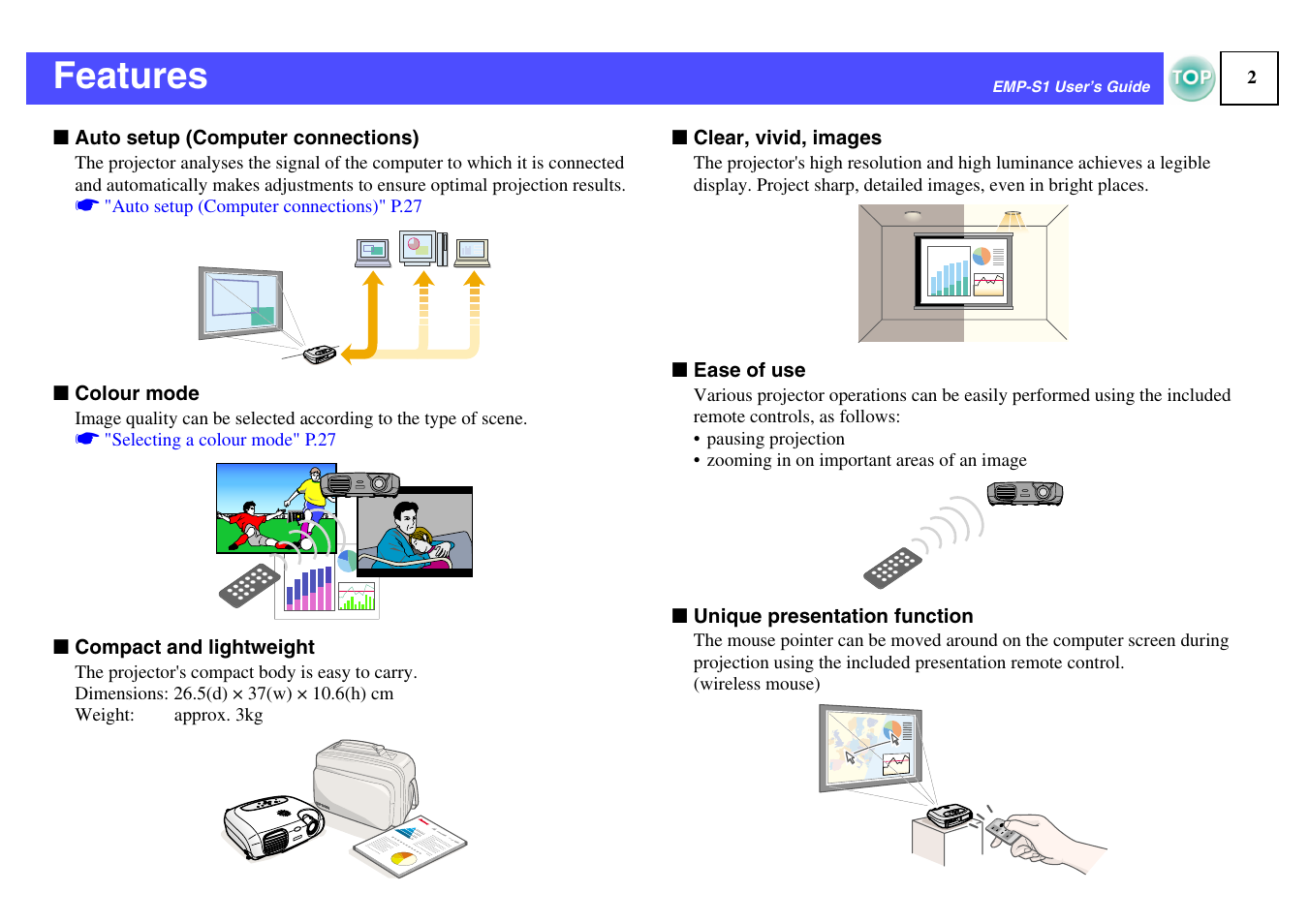 Features | Epson 1EMP-S1 User Manual | Page 3 / 73