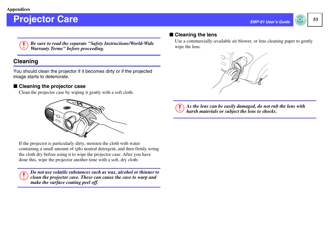 Appendices, Projector care, Cleaning | Cleaning the lens" p.53 | Epson 1EMP-S1 User Manual | Page 54 / 73