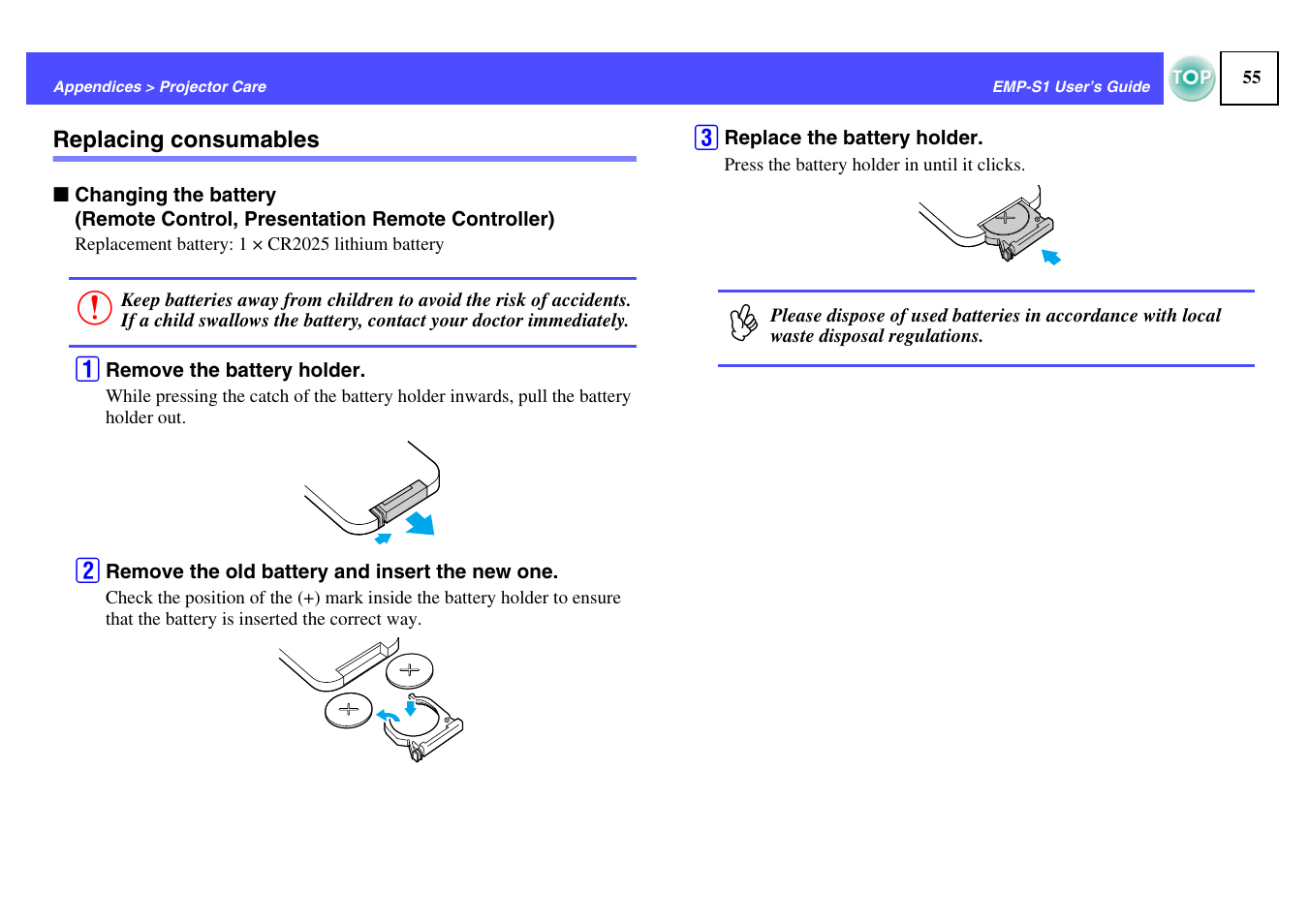 Replacing consumables, Controller)" p.55 | Epson 1EMP-S1 User Manual | Page 56 / 73