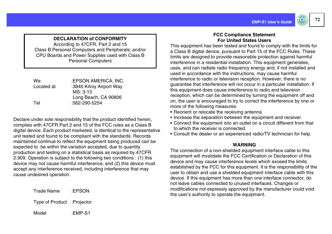 Epson 1EMP-S1 User Manual | Page 73 / 73