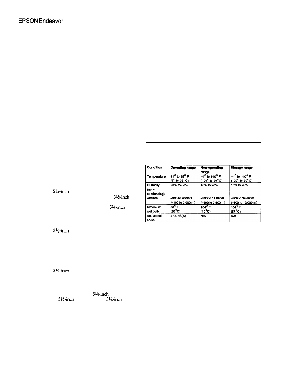 Mass storage, Keyboard, Power supply | Option slot power limits, Environmental requirements, Physical characteristics | Epson Endeavor power (SPEED) hard disk diskette WG User Manual | Page 2 / 8