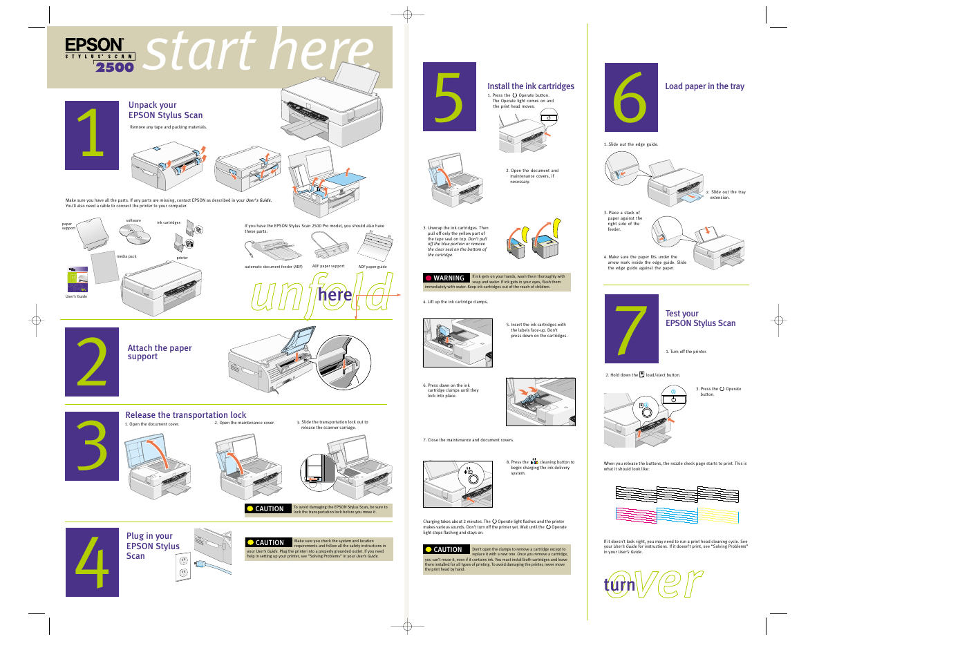 Install the ink cartridges, Load paper in the tray, Test your epson stylus scan | Start here, Oov ve err, Uun nffo olld d | Epson Stylus Scan 2500 User Manual | Page 2 / 4