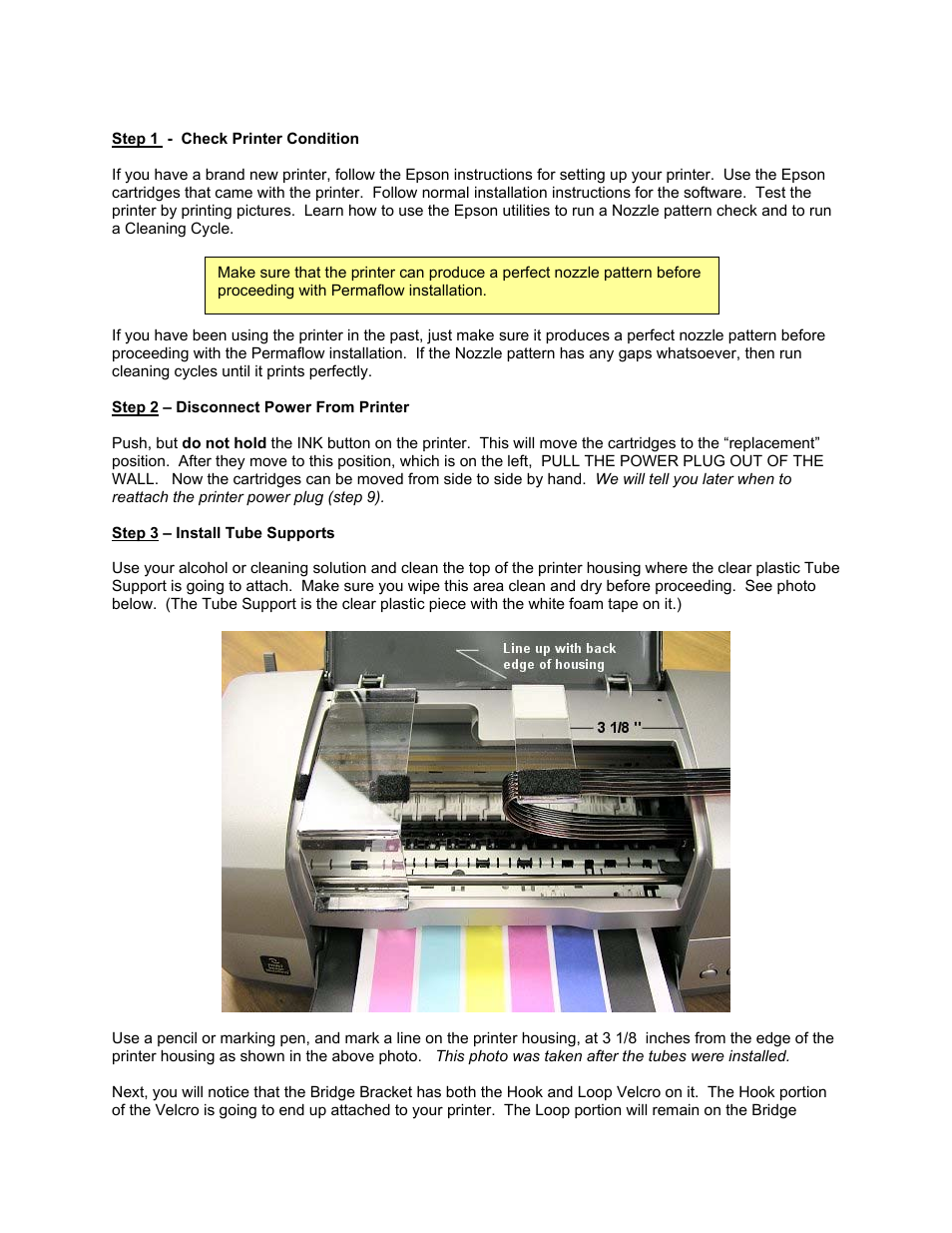 Step 1 - check printer condition, Step 2 – disconnect power from printer, Step 3 – install tube supports | Epson CFS-900P User Manual | Page 2 / 7
