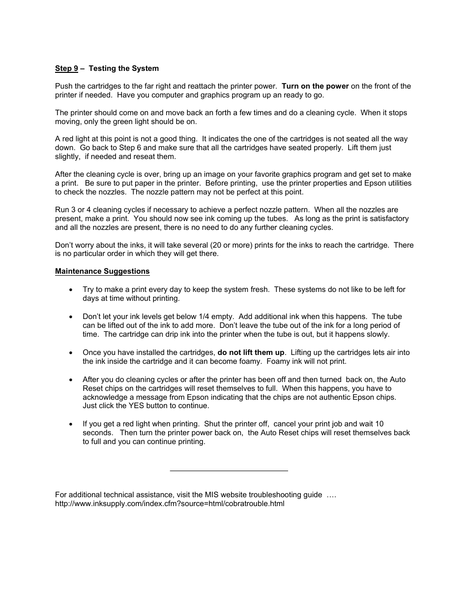 Step 9 – testing the system, Maintenance suggestions | Epson CFS-900P User Manual | Page 7 / 7