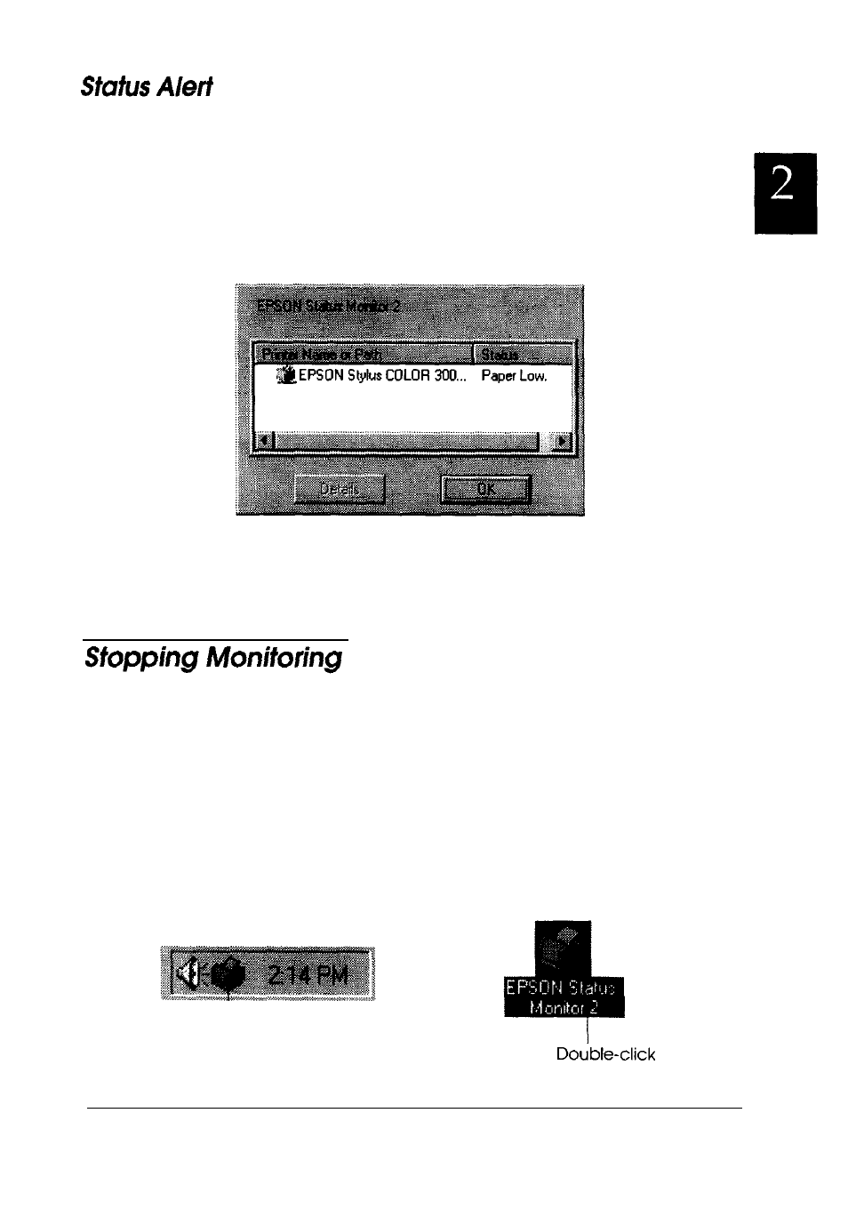 Status alert, Stopping monoitoring | Epson C82357 User Manual | Page 42 / 57