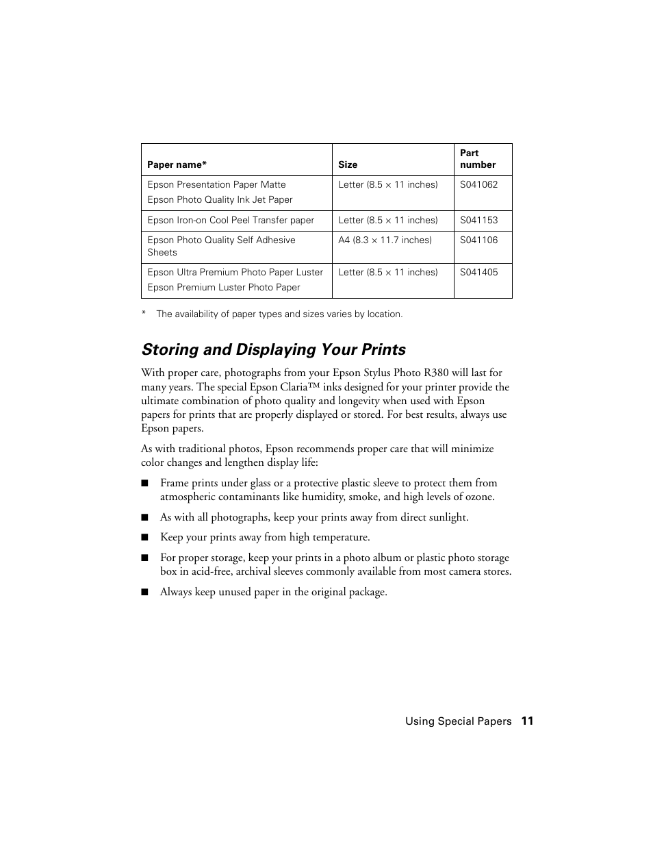 Storing and displaying your prints | Epson R380 User Manual | Page 11 / 72