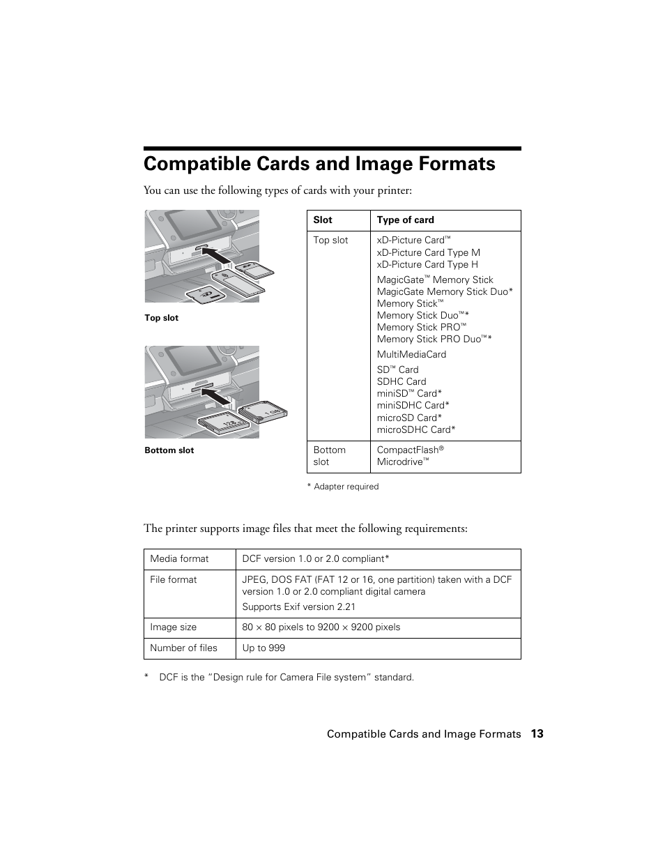 Compatible cards and image formats | Epson R380 User Manual | Page 13 / 72