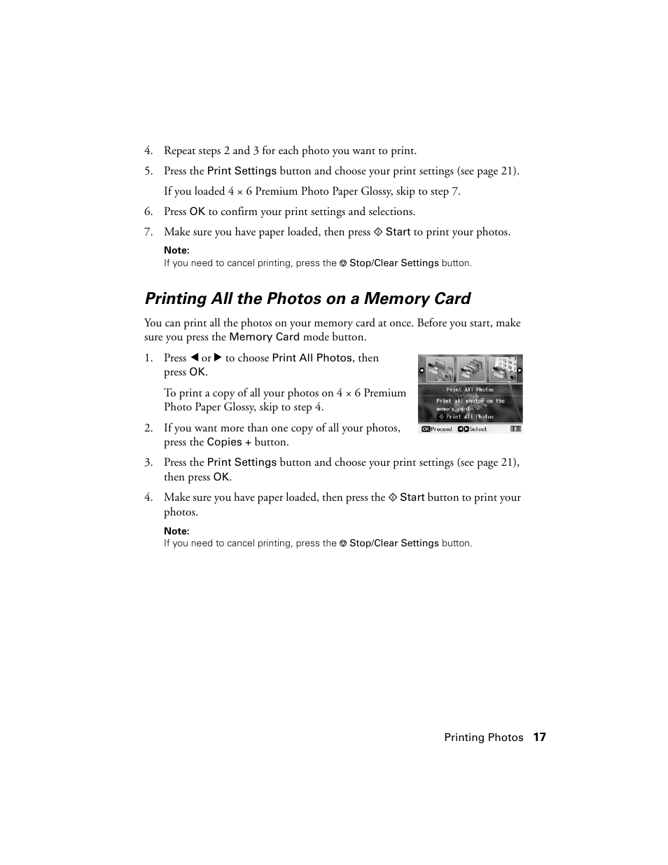 Printing all the photos on a memory card | Epson R380 User Manual | Page 17 / 72