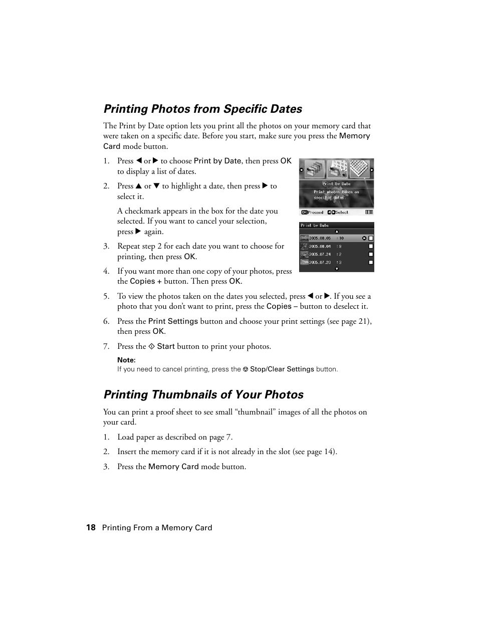 Printing photos from specific dates, Printing thumbnails of your photos | Epson R380 User Manual | Page 18 / 72