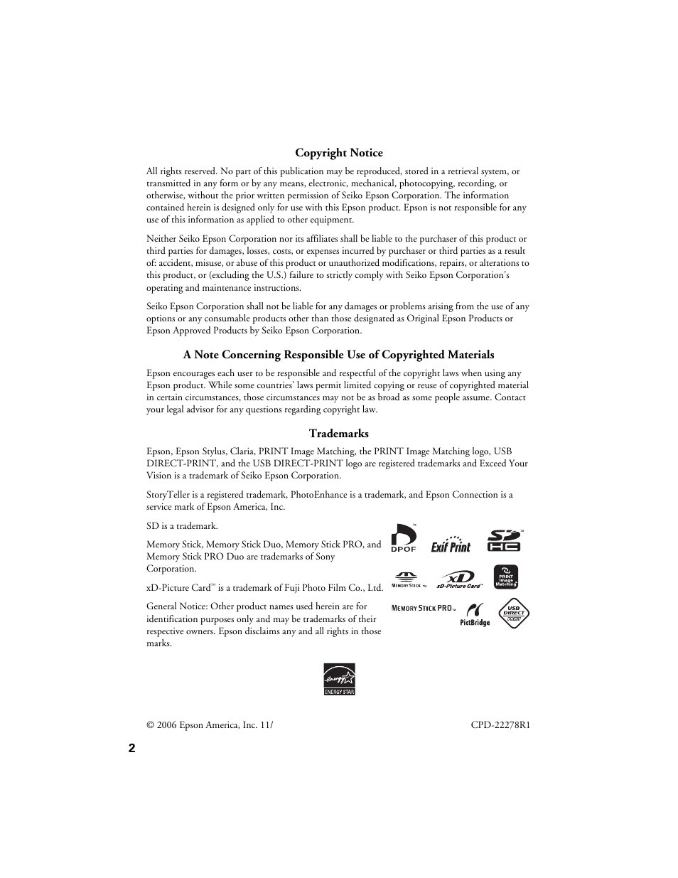 Copyright notice | Epson R380 User Manual | Page 2 / 72