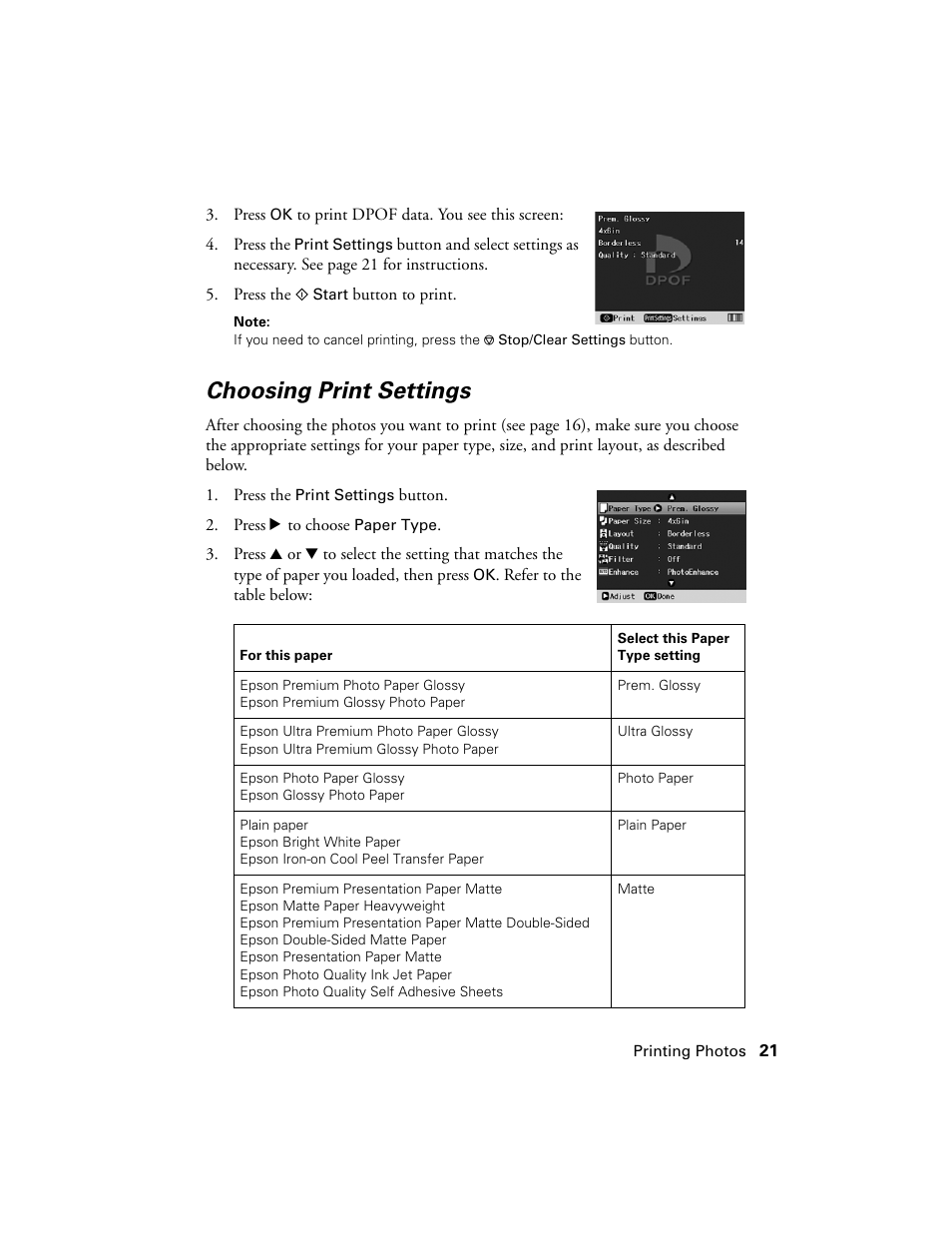 Choosing print settings | Epson R380 User Manual | Page 21 / 72