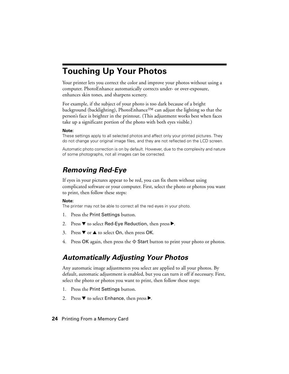 Touching up your photos, Removing red-eye, Automatically adjusting your photos | Epson R380 User Manual | Page 24 / 72