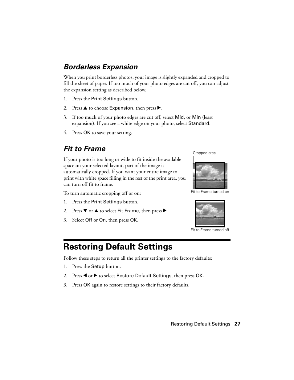 Borderless expansion, Fit to frame, Restoring default settings | Epson R380 User Manual | Page 27 / 72