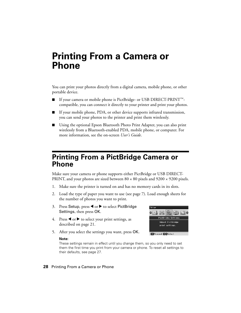 Printing from a camera or phone, Printing from a pictbridge camera or phone | Epson R380 User Manual | Page 28 / 72