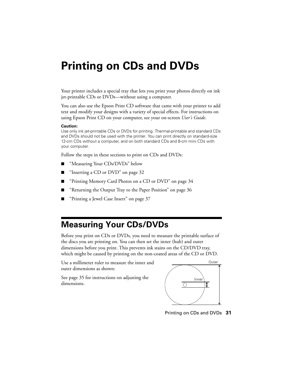 Printing on cds and dvds, Measuring your cds/dvds | Epson R380 User Manual | Page 31 / 72