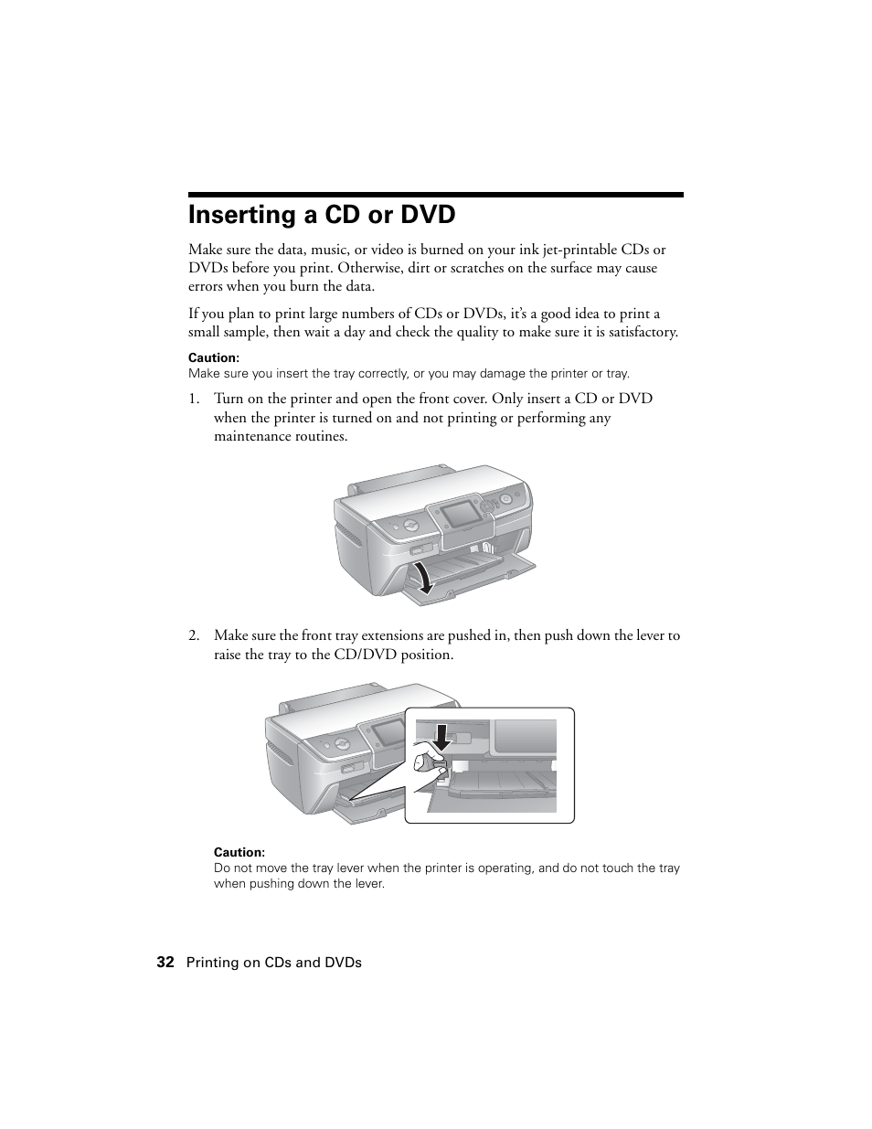 Inserting a cd or dvd | Epson R380 User Manual | Page 32 / 72