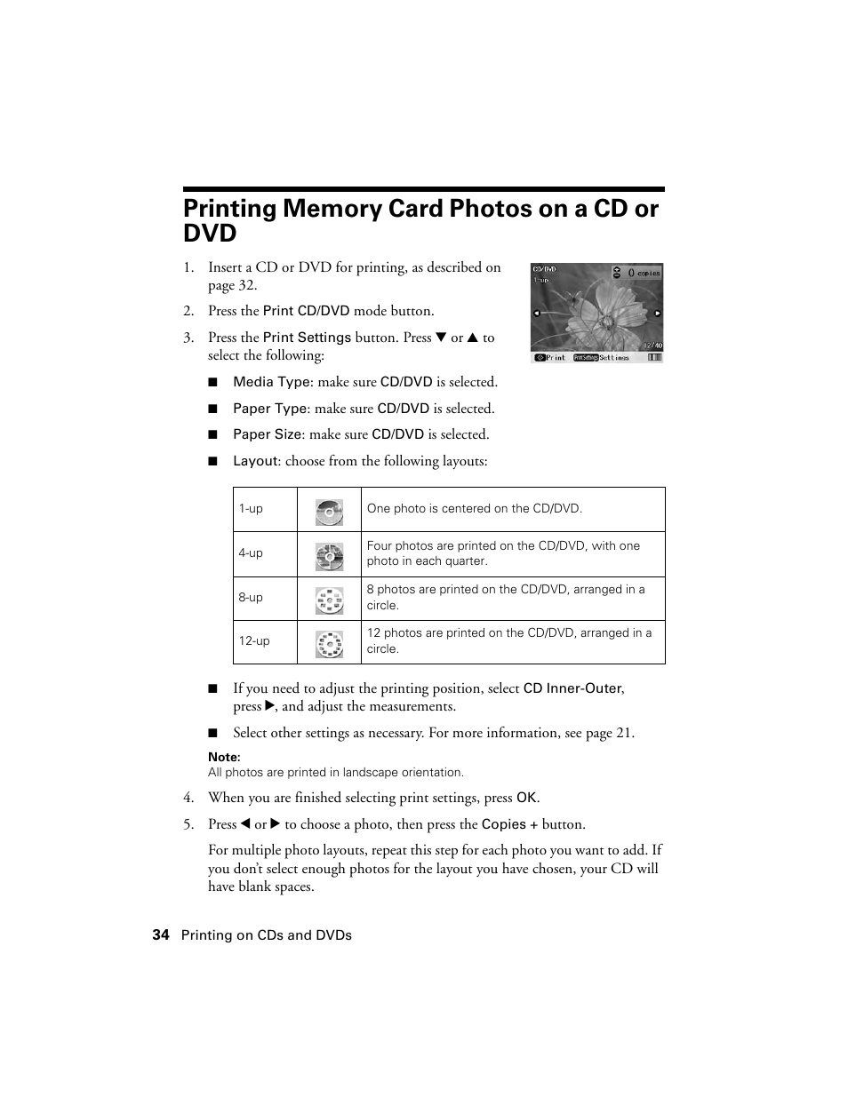 Printing memory card photos on a cd or dvd | Epson R380 User Manual | Page 34 / 72