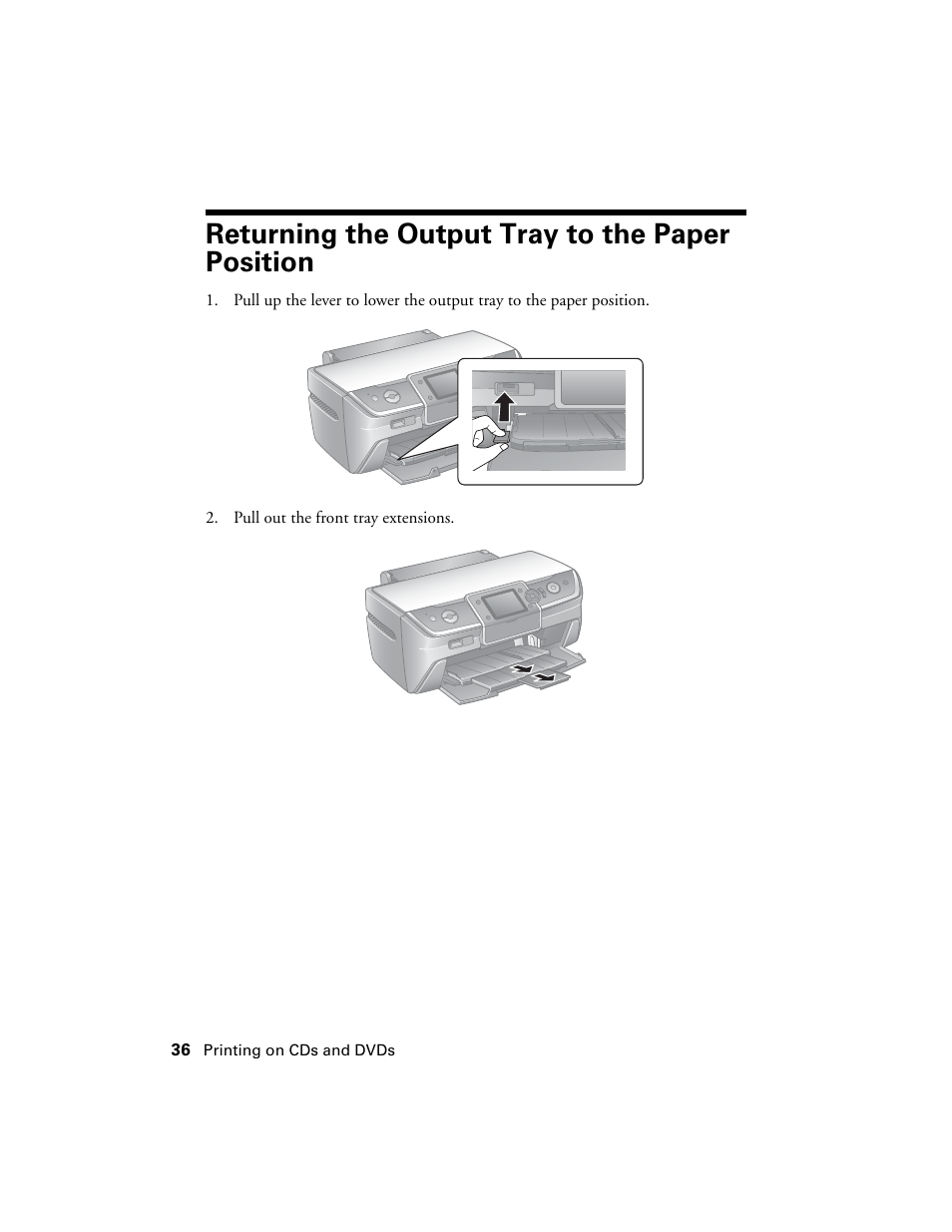 Returning the output tray to the paper position | Epson R380 User Manual | Page 36 / 72