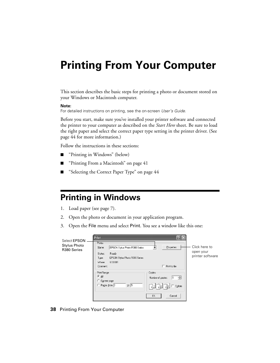 Printing from your computer, Printing in windows | Epson R380 User Manual | Page 38 / 72