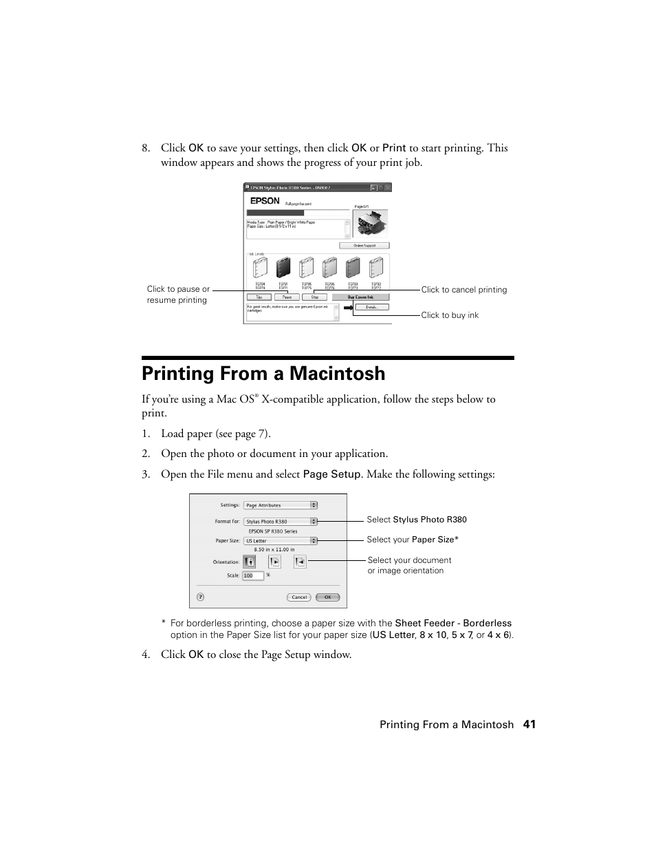 Printing from a macintosh | Epson R380 User Manual | Page 41 / 72