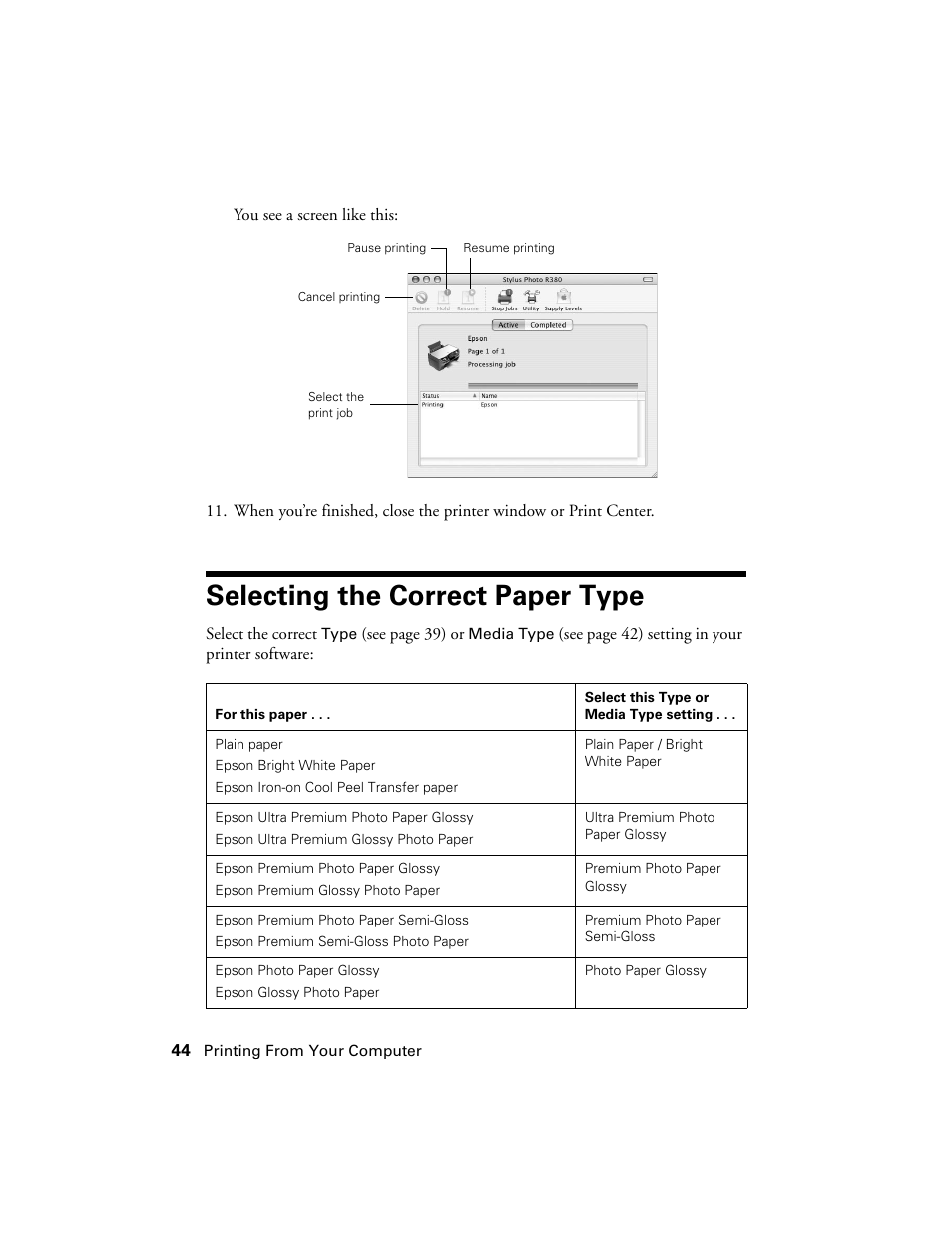 Selecting the correct paper type | Epson R380 User Manual | Page 44 / 72