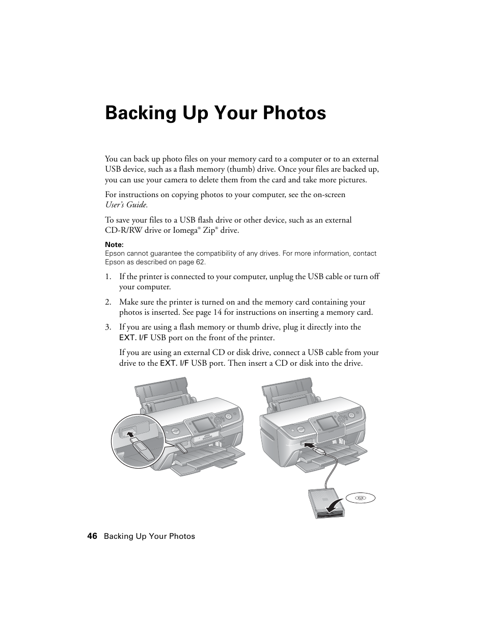 Backing up your photos | Epson R380 User Manual | Page 46 / 72