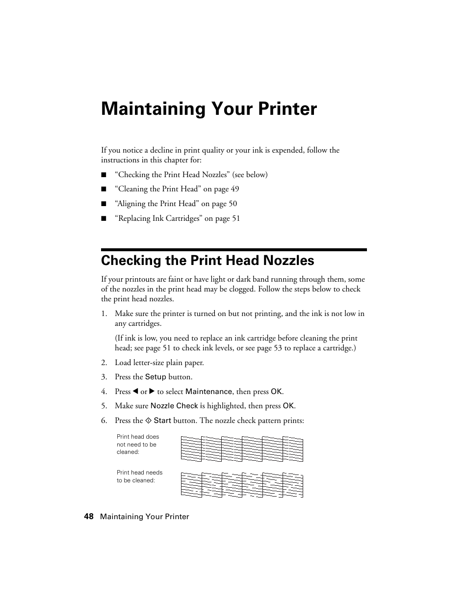 Maintaining your printer, Checking the print head nozzles | Epson R380 User Manual | Page 48 / 72