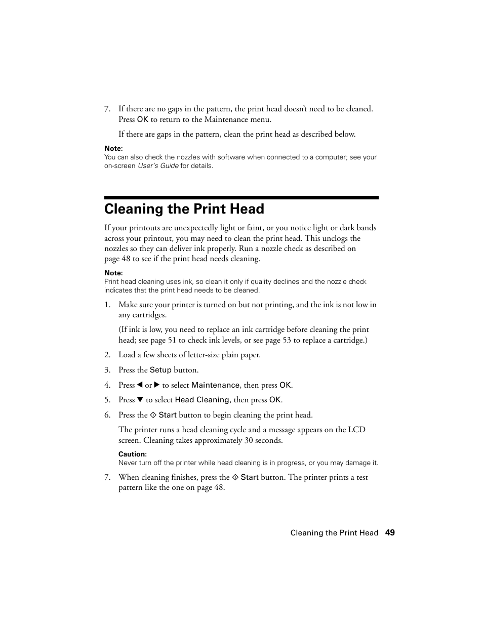 Cleaning the print head | Epson R380 User Manual | Page 49 / 72