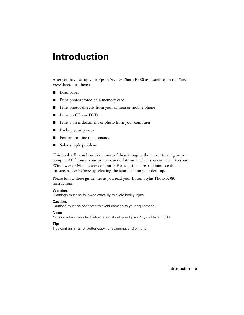 Introduction | Epson R380 User Manual | Page 5 / 72