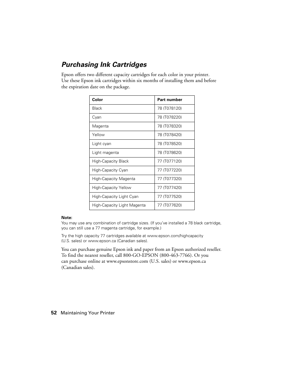 Purchasing ink cartridges | Epson R380 User Manual | Page 52 / 72